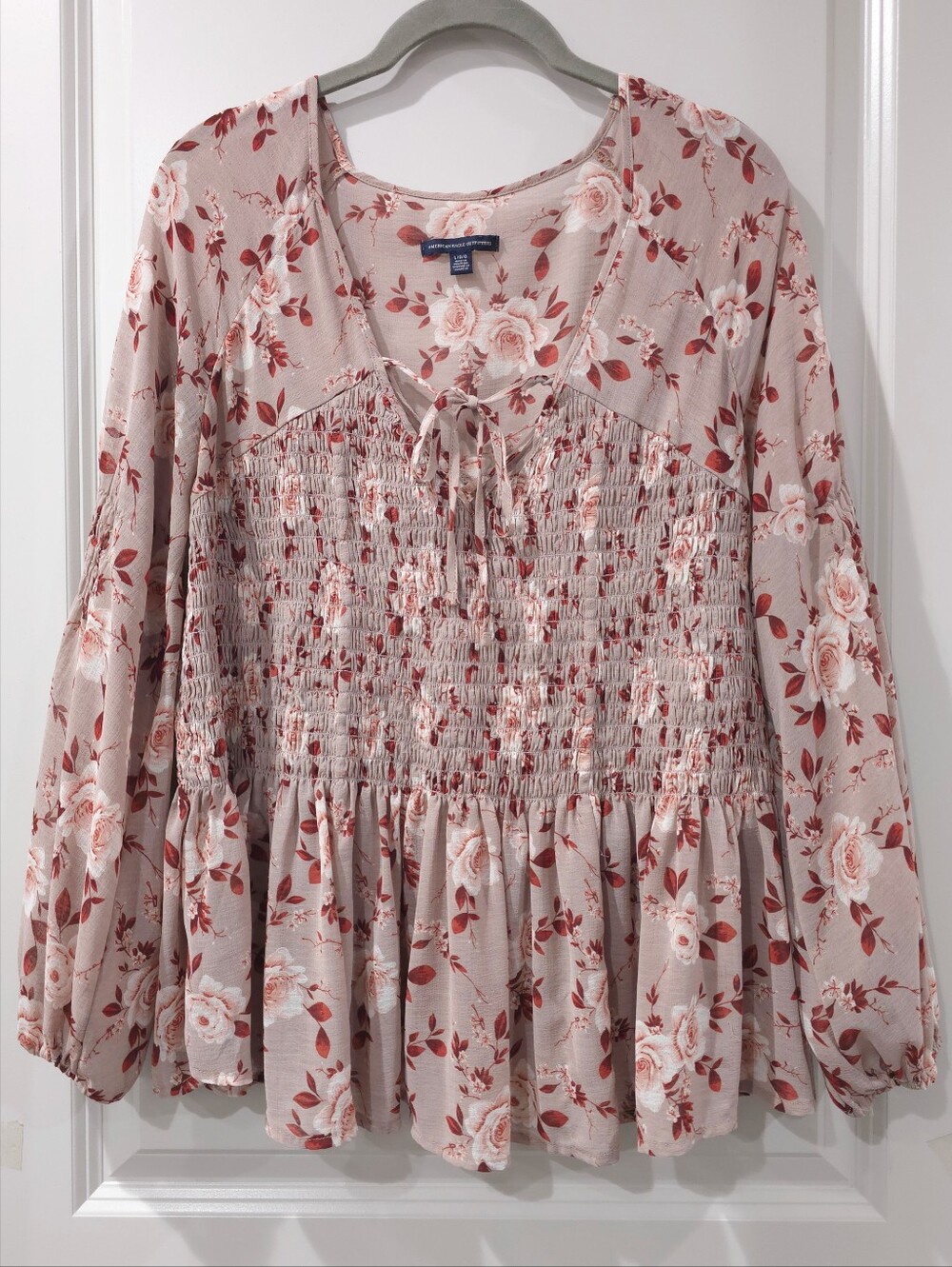 Soft Romantic Blush Floral Smocked Peasant Top Transitional Fall, Semi Sheer L